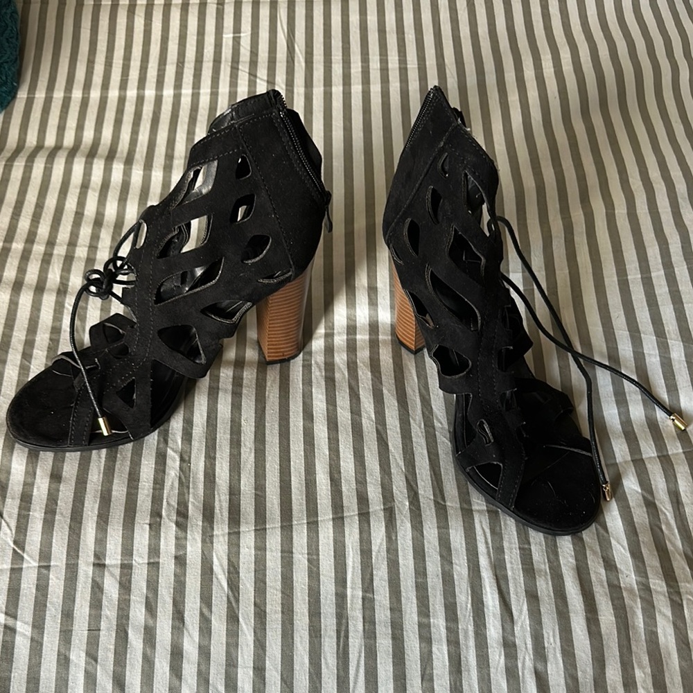 Black Lace-Up Heeled Sandals